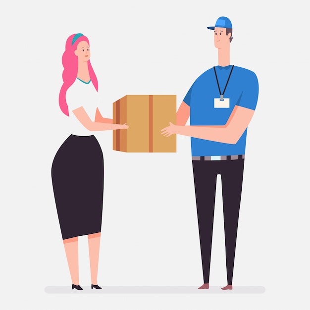 Courier delivery service. Vector cartoon flat concept illustration with a courier and a woman with a cardboard box isolated