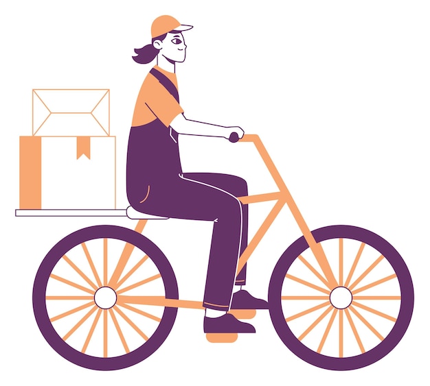 Courier driving bike delivery service worker flat vector illustration on white background