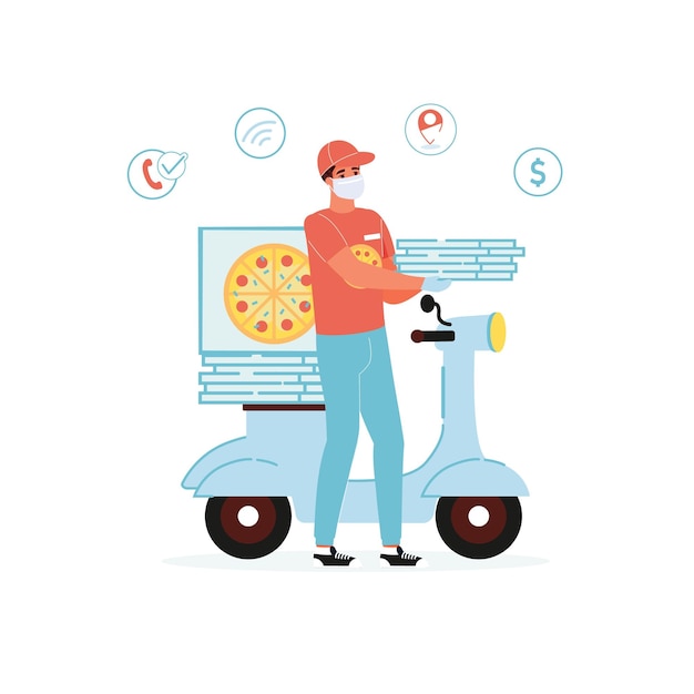 Courier in face mask holding pizza standing near motorcycle