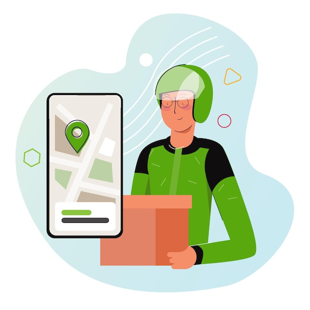 Courier from motorcycle ridehailing service in Indonesia sending box of food to customer Wearing green jacket and helmet with smart phone app with map pointer