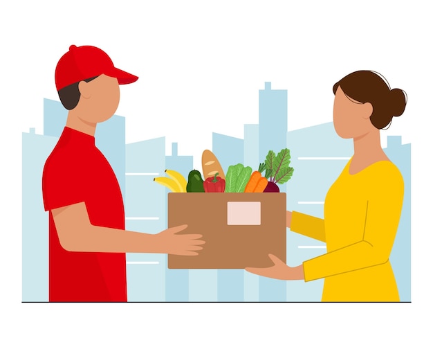 Courier gives the ordered products to the woman Online delivery service