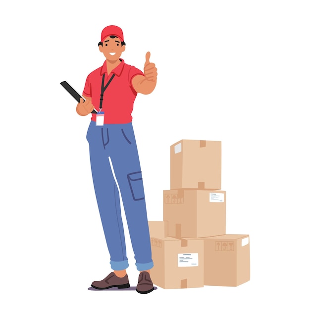 Courier Male Character With A Thumbsup Gesture Holds A Clipboard with a Pile Of Parcels nearby Ready To Deliver Packages Efficiently And With A Positive Attitude Cartoon People Vector Illustration