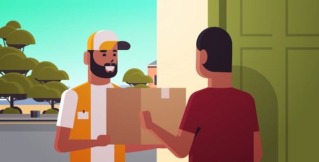 Vector courier man delivering cardboard parcel box to african american guy recipient at home express delivery service concept horizontal portrait