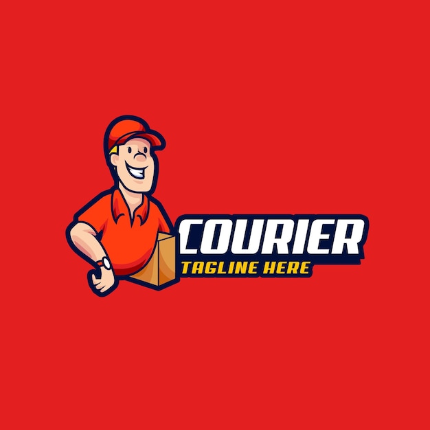 Courier mascot logo design illustration. Courier man hold the box for delivery vector illustration