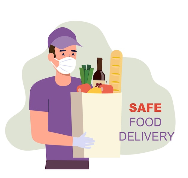 Courier in a medical mask and gloves holding grocery bag. Vector illustration