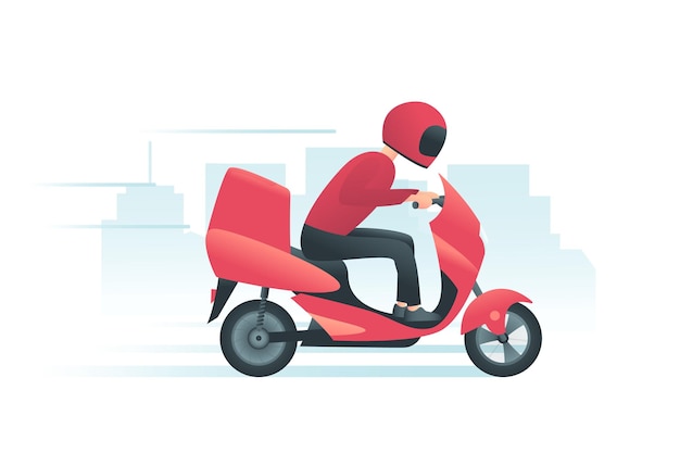 Courier on the red motorbike with city background Delivery service concept Man delivers