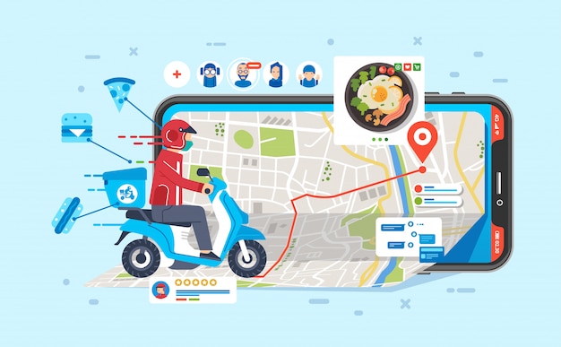 Courier riding motorcycle to sending food that ordered by people through app in phone illustration