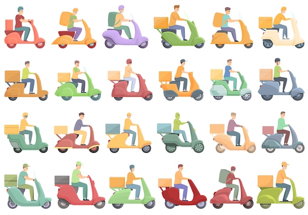 Courier on scooter icons set cartoon vector. Restaurant delivery. Lunch box courier