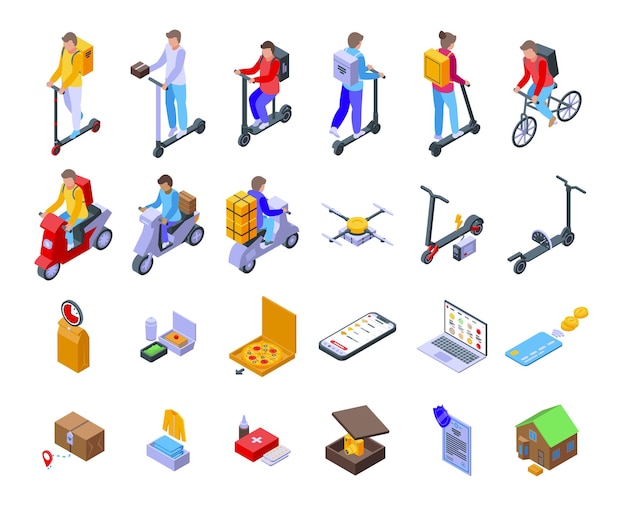 Courier on scooter icons set isometric vector. Restaurant box