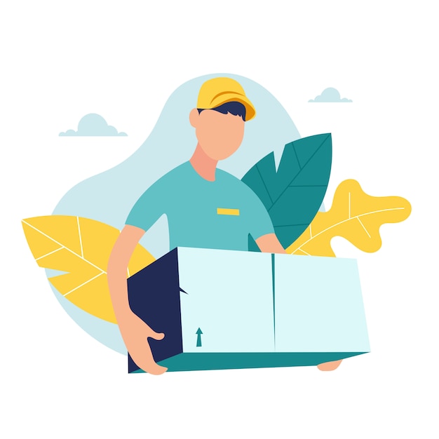 Courier staff character. Deliveryman is holding a box with smiley face. Flat design style minimal  illustration