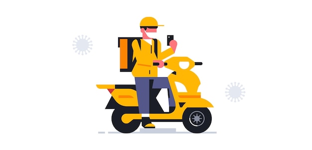 A courier wearing a medical mask on a motorcycle accepted an order to deliver a parcel Bag box delivery man safe delivery coronavirus virus moto bike scooter phone app Vector illustration