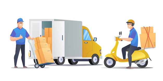 Couriers deliver packages by van and scooter cartoon illustration