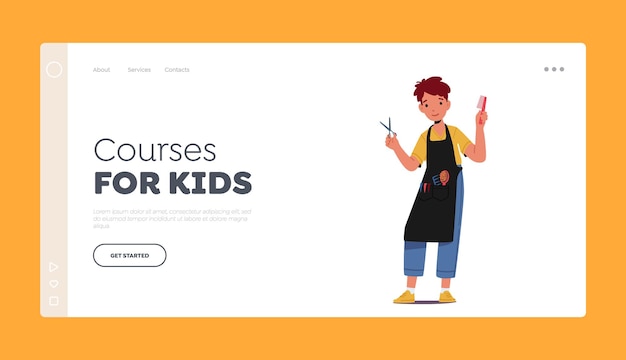 Courses for Kids Landing Page Template Boy Playing in Stylist Kid Character Wear Apron with Comb and Scissors in Hands