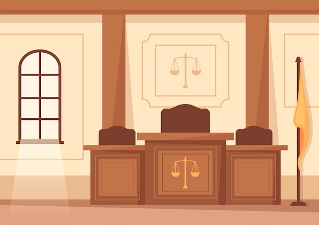 Court Illustration there is Justice Decision and Lawyer with Wooden Judge Hammer