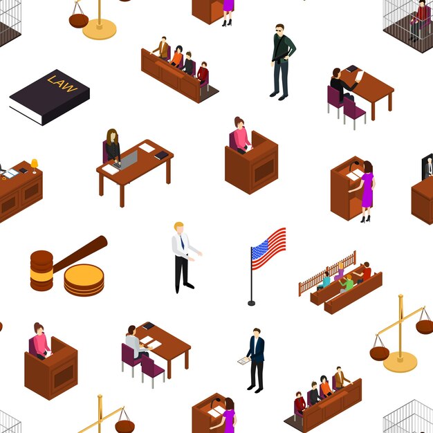 Vector court seamless pattern background on a white law and justice concept 3d isometric view include of judge lawyer jury defendant and witness vector illustration