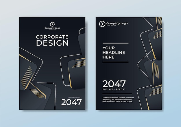 Cover brochure template header and footers polygonal pattern luxury style on dark blue and white background with golden lines. You can use for letterhead, poster, banner web, print and more