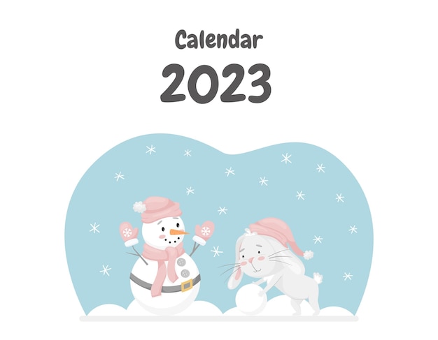 The cover of the calendar for 2023 with a cute rabbit the Chinese symbol of the year Rabbit rolls a snowballmakes a snowman Winter fun activity Childrens vector illustration on a white background