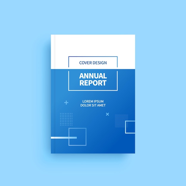 A cover design for annual report is shown on a blue background.