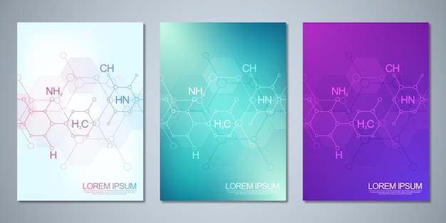 Cover design with abstract chemistry background and chemical formulas. Concept and idea for science and innovation technology.