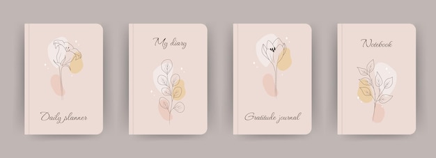 Cover page notebook collection Templates with abstract flowers in one line drawing style