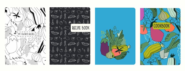 Vector cover page templates for recipe books based on patterns with vegetables headers isolated and replaceable