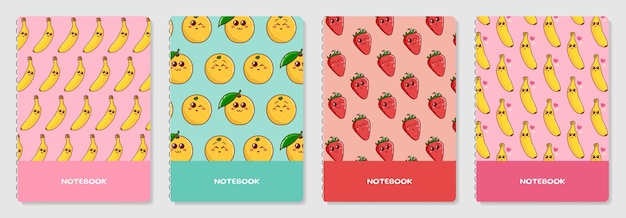 Cover page templates. Vector Cartoon Fruit and Berries prints. Applicable patterns for notebooks.