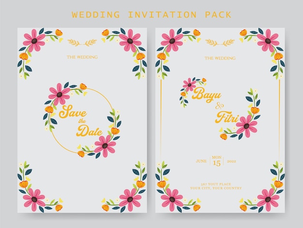 Cover wedding invitations with flowers in pink gold blue and green with a minimalist design