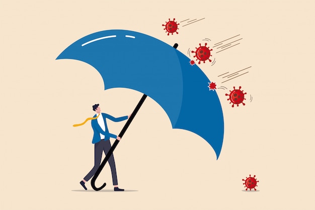 COVID-19 Coronavirus outbreak financial crisis help policy, company and business to survive concept, businessman leader stand safe by cover himself with big umbrella from COVID-19 Coronavirus pathogen