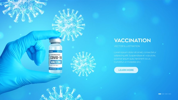 COVID-19 coronavirus vaccine vial. Vaccination concept. Doctor's hand in blue gloves hold the medical glass vial for injection. Microscopic view of COVID-19 virus cells close up. Vector illustration.