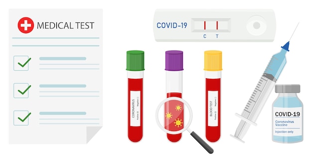 COVID-19 test, Positive Test Results Form. Tubes with blood sample, and rapid test. Vaccine vial with syringe. Concept of Coronavirus rapid test. Vector illustration in flat style.