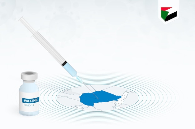 COVID-19 vaccination in Sudan, coronavirus vaccination illustration with vaccine bottle and syringe injection in map of Sudan.