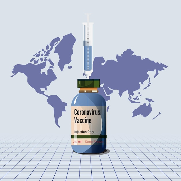 Covid-19 vaccine with world map - vector illustration