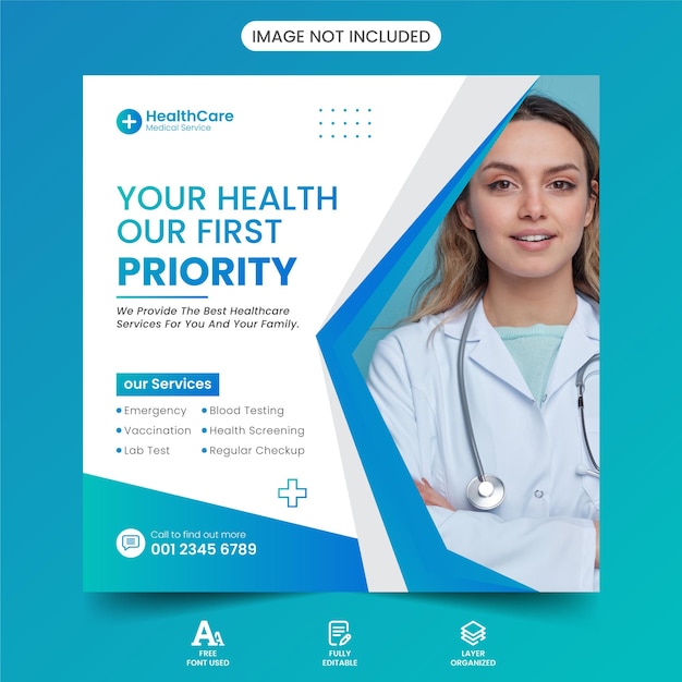 Covid 9 Medical Healthcare Clinic Social Media Post Banner Squire Flyer Design vector Template