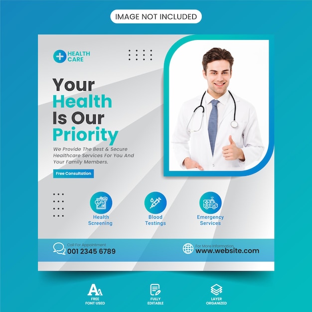 Covid 9 Medical Healthcare Clinic Social Media Post Banner Squire Flyer Design vector Template