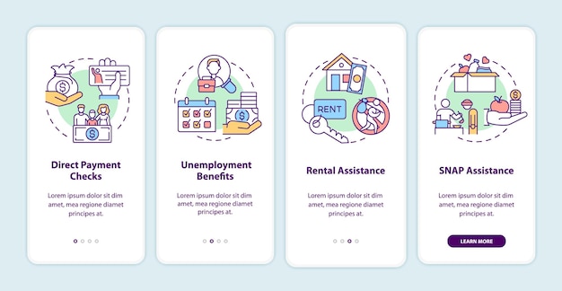 Covid relief package benefits onboarding mobile app page screen  concepts. Aid for businesses walkthrough 4 steps graphic instructions. UI  template with RGB color illustrations