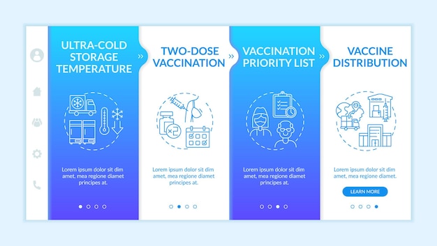 Covid vaccination onboarding  template. Two dose vaccination for better health improvement. Responsive mobile website with icons. Webpage walkthrough step screens. RGB color concept