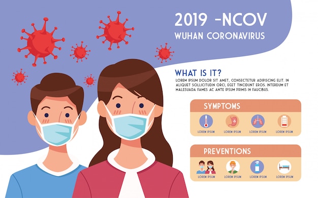 Covid19 pandemic flyer with couple using face masks infographics  illustration design