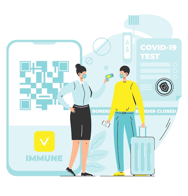 Vector covid19 test scene vector illustration of traveler and inspector in mask