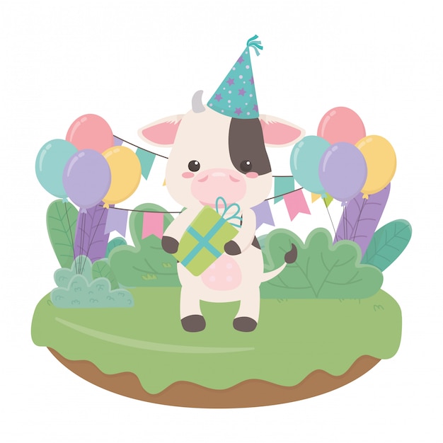 Cow cartoon with happy birthday  