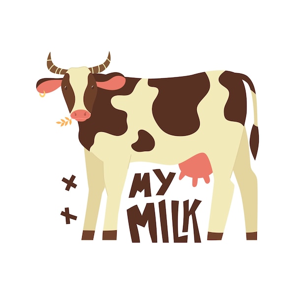 Cow chewing hay with quote My milk Farming animals home pets agriculture Poster card design