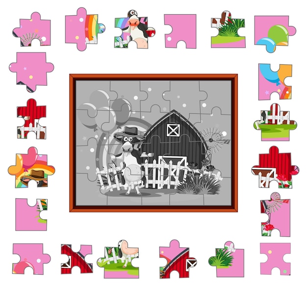 Cow in the farm photo jigsaw puzzle game template