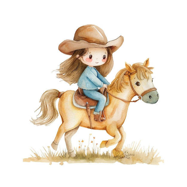 cow girl riding horse vector illustration in watercolor style