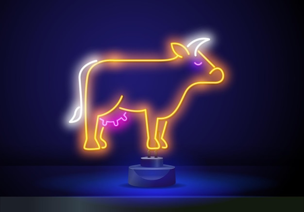 Cow icon yellow orange red neon icon at dark reddish background illumination illustration