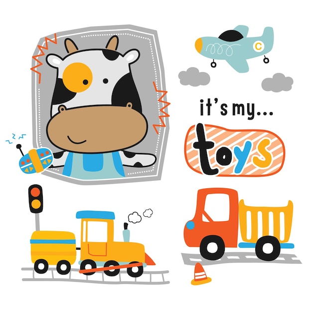 Vector cow and little toys funny animal cartoon