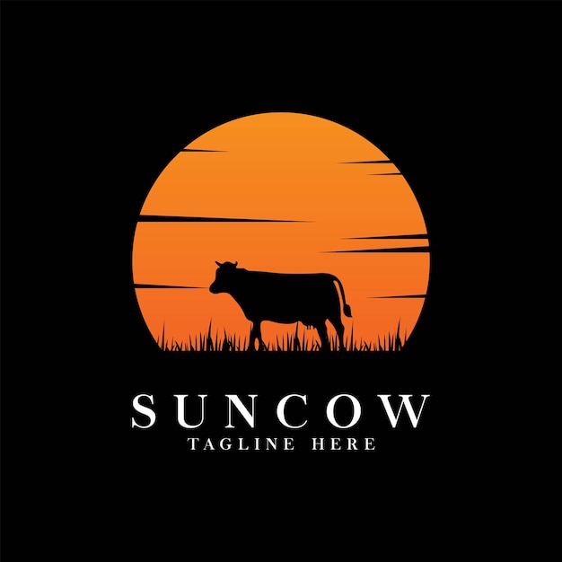 Cow logo vintage with sun background vector illustration design