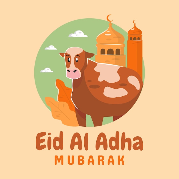 Cow and mosque happy eid al adha concept