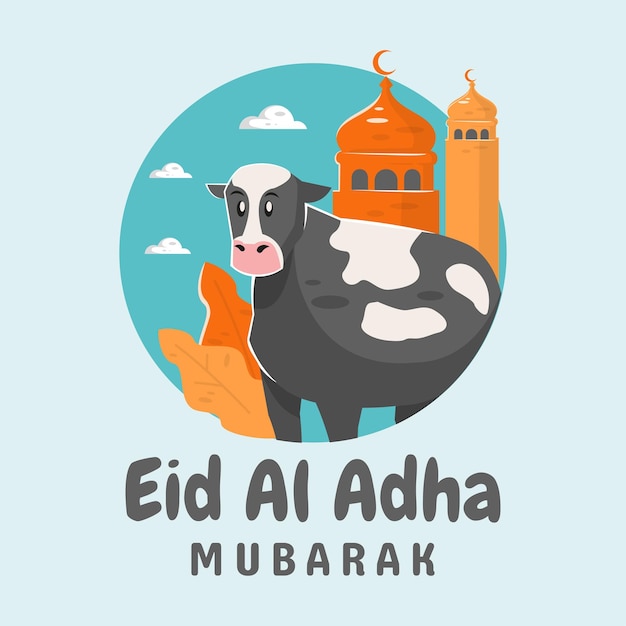 Cow and mosque happy eid al adha concept