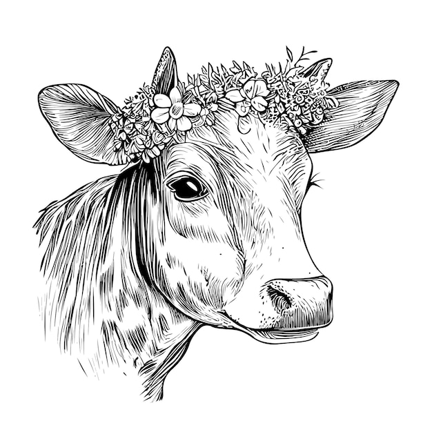 Cow portrait with flowers on head hand drawn sketch