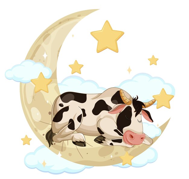 Vector cow sleeping on crescent moon