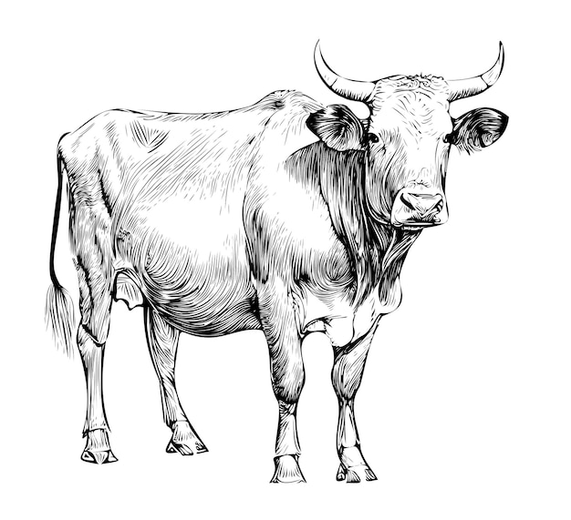 Cow standing side view engraved hand drawn sketch.Cattle breeding.Vector illustration.